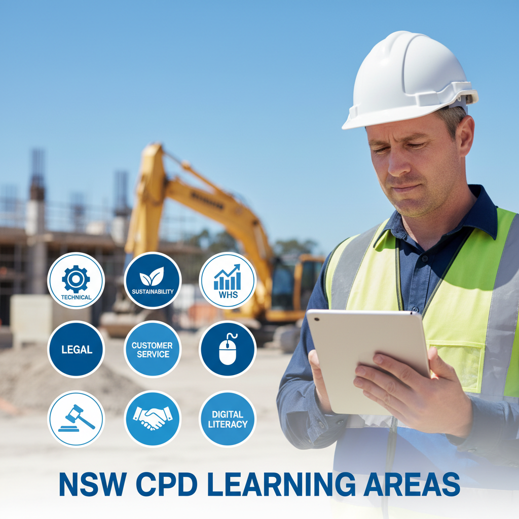 All 8 CPD learning areas for NSW builders represented on tablet — Fair Trading requirements 2026