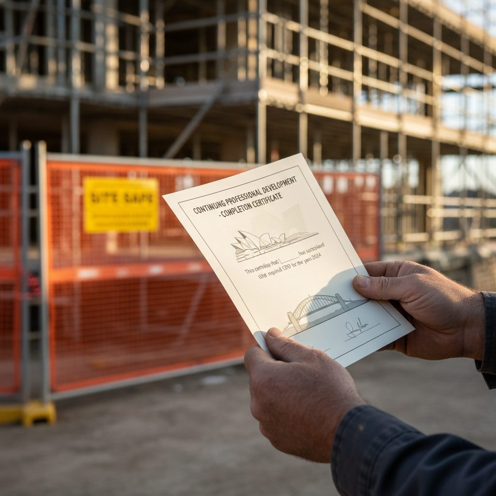 NSW builder holding CPD completion certificate at construction site
