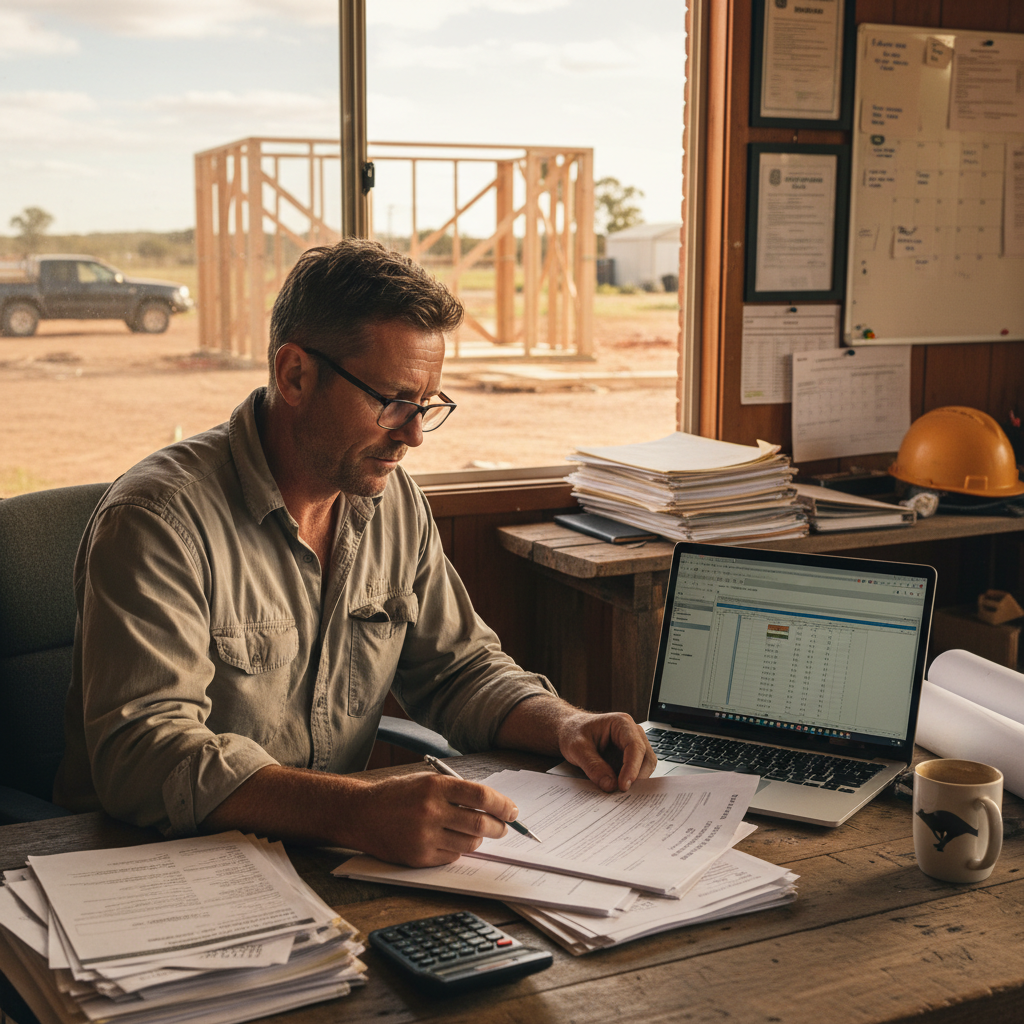 Australian small building business owner reviewing contracts and invoices