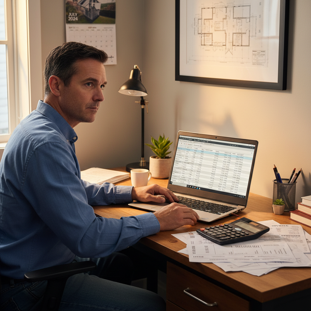 NSW builder reviewing financial spreadsheets and project cost estimates