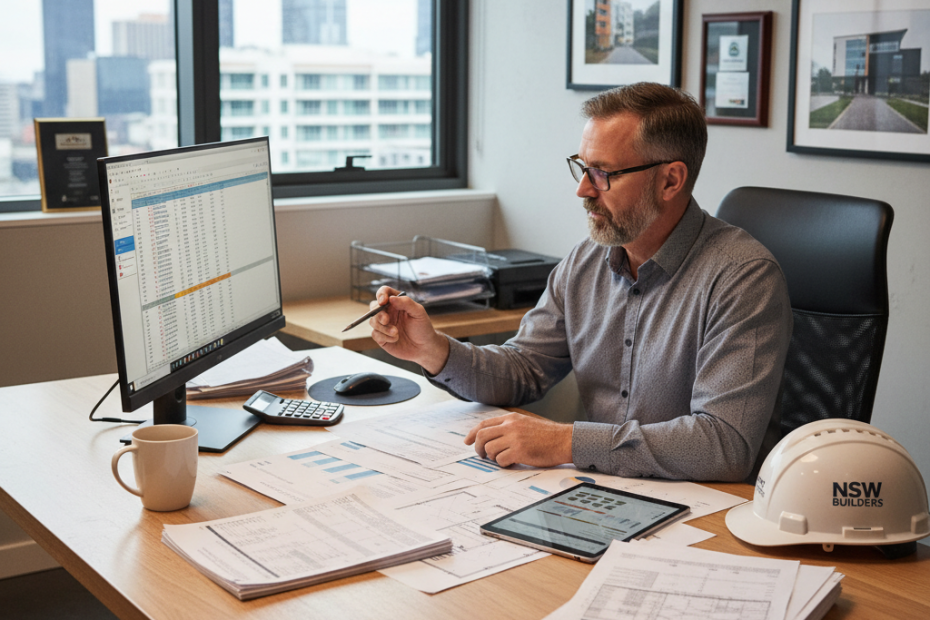 NSW building company owner completing business management CPD — estimating, financials and contracts