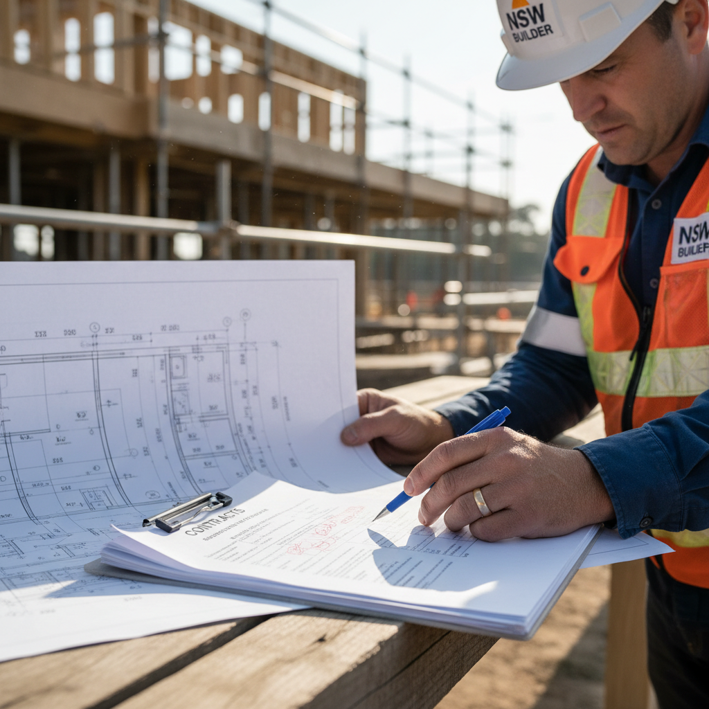 NSW builder in hi-vis vest reviewing building contracts on construction site