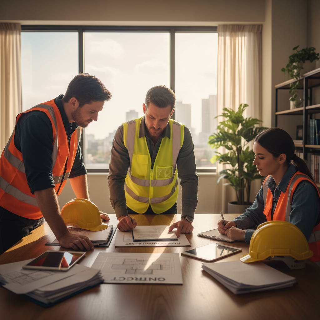 Builder reviewing legal compliance documents and home building contracts in NSW