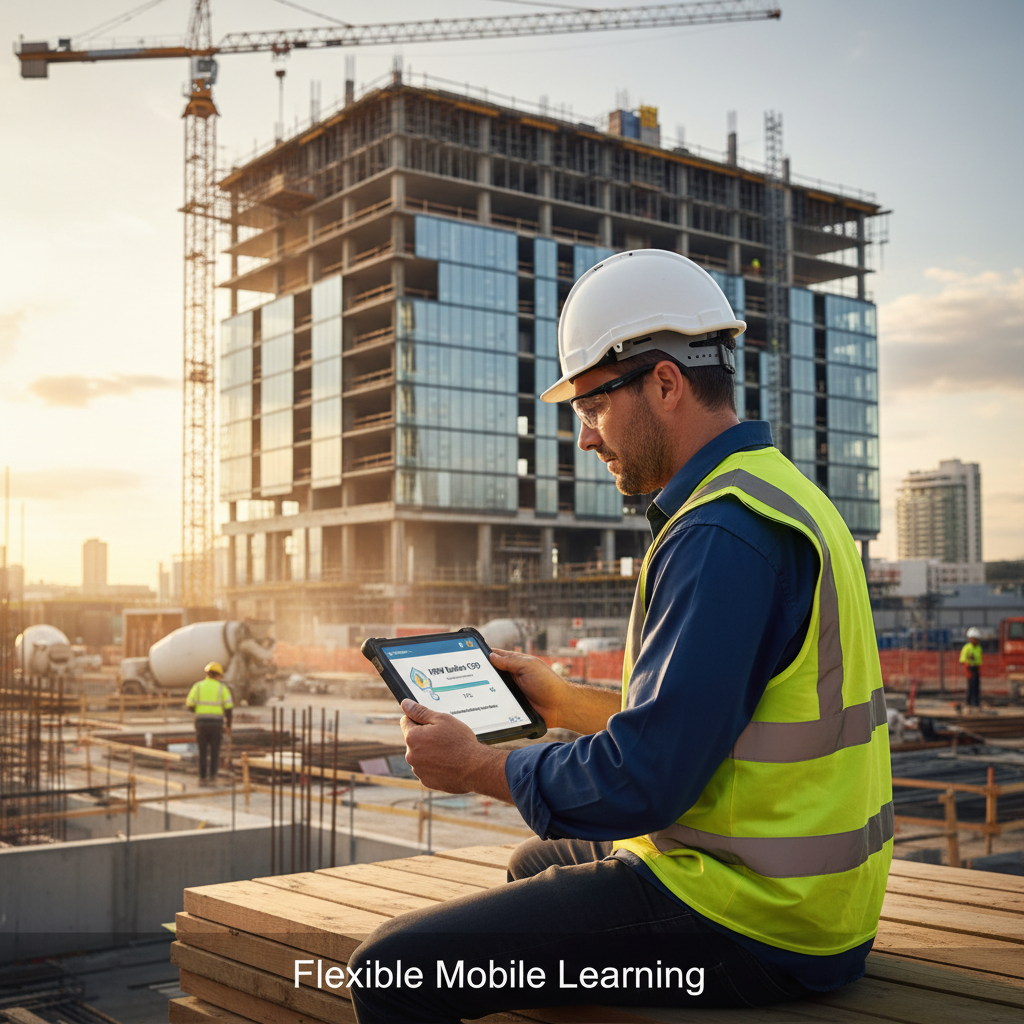 NSW builder completing CPD on tablet at construction site