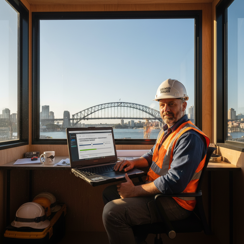 NSW builder on laptop completing CPD points course online from Sydney