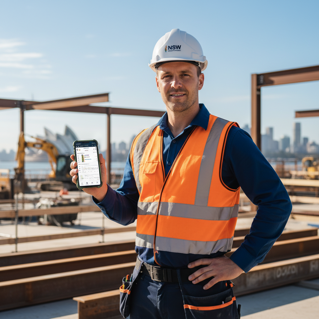NSW builder using smartphone on construction site for digital project management — Digital Literacy CPD RTO 91528