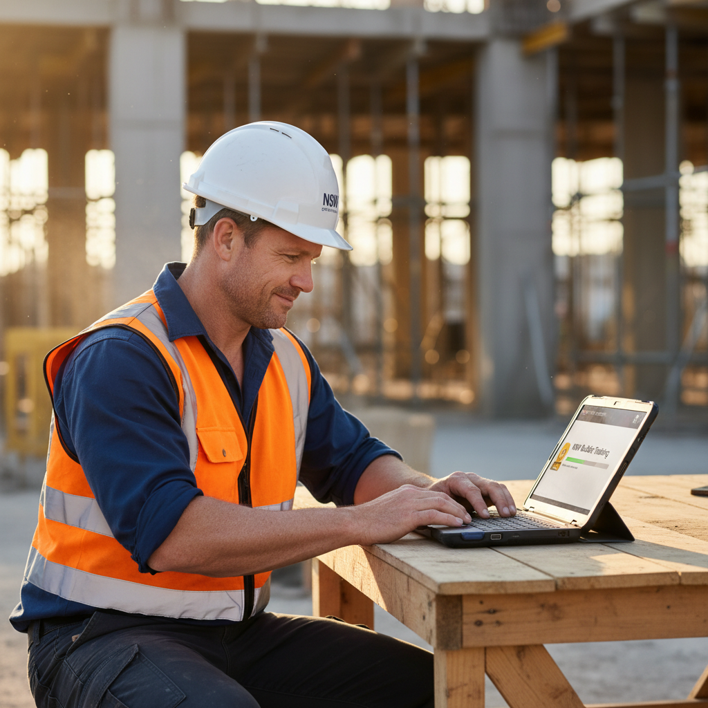 Licensed NSW builder completing online CPD training course on laptop at construction site