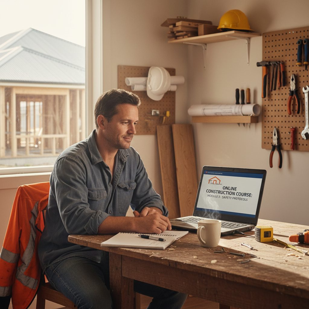 Licensed NSW builder completing online CPD course on tablet