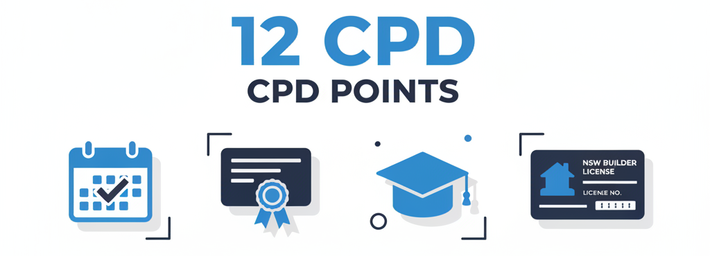 NSW builder CPD points requirement infographic showing 12 CPD points per year