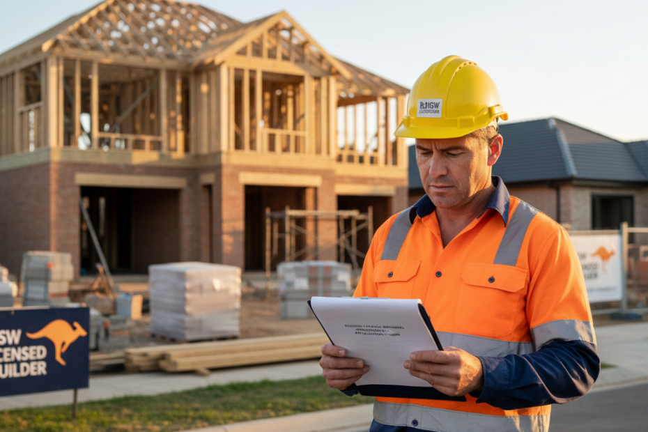 NSW licensed builder with licence renewal paperwork at construction site