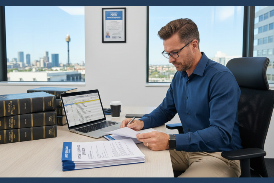 NSW builder reviewing legal compliance documents — Legal and Regulatory CPD — Builders CPD Online RTO 91528