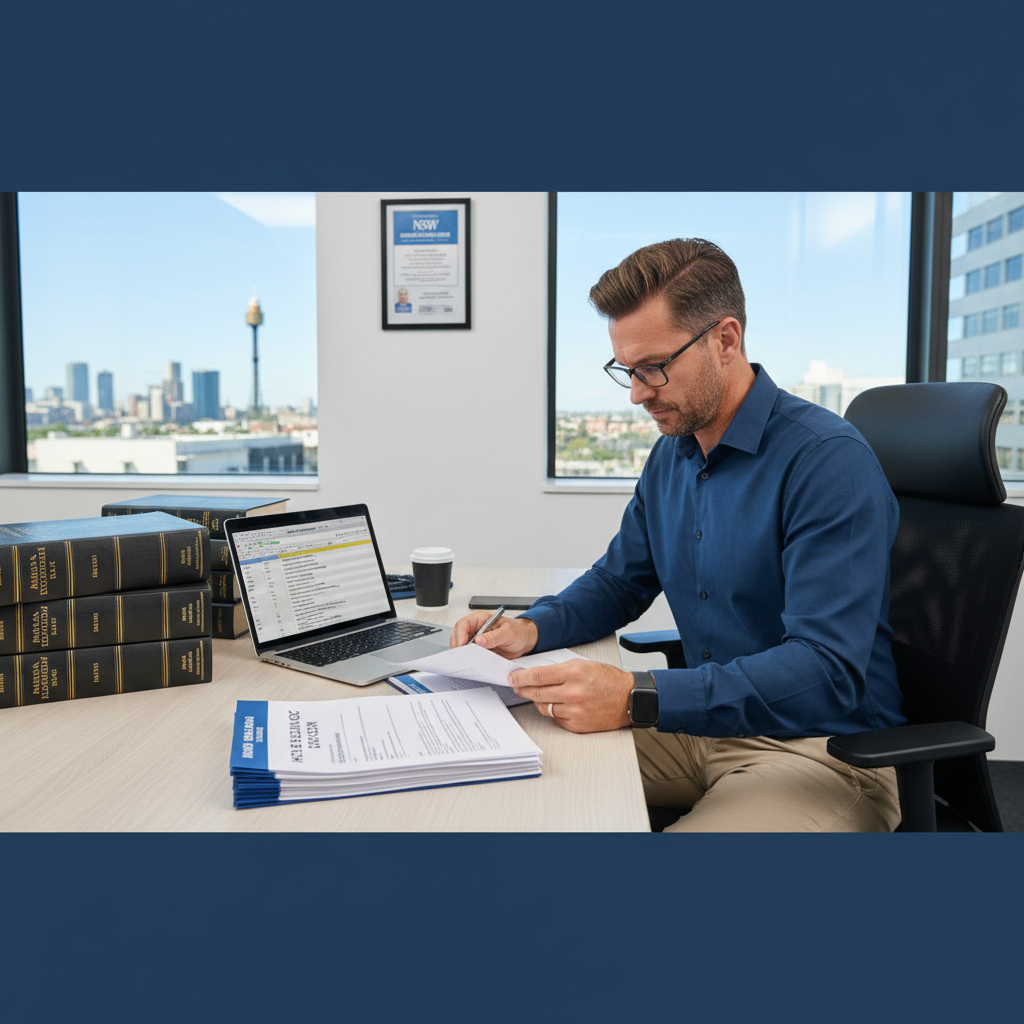 NSW builder reviewing legal compliance documents and home building contracts — Legal CPD — Builders CPD Online RTO 91528