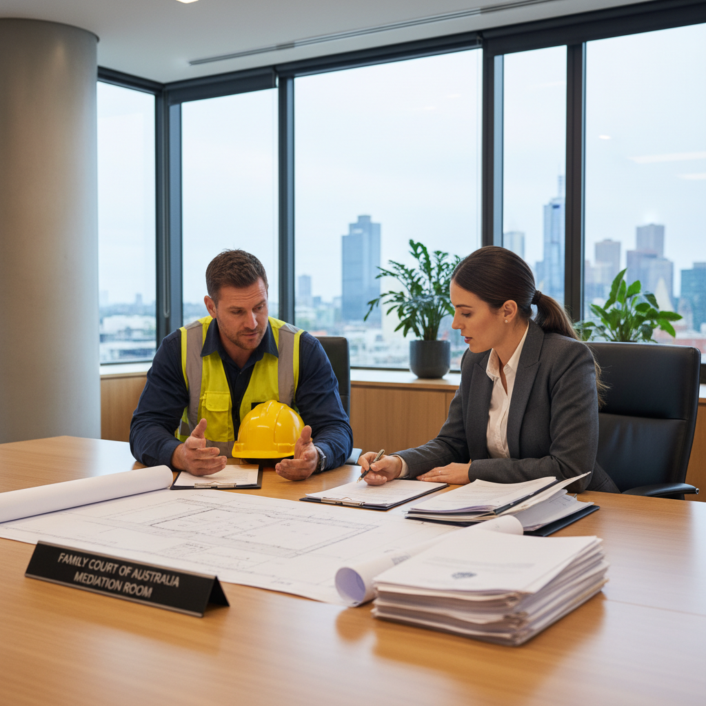 Builder and lawyer reviewing construction dispute documents in NSW