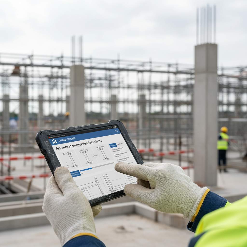 Newcastle builder on construction site completing online CPD course on a tablet device