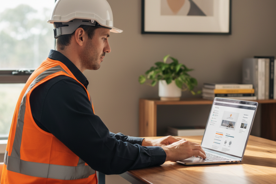 Newcastle builder completing online CPD courses with harbour skyline backdrop
