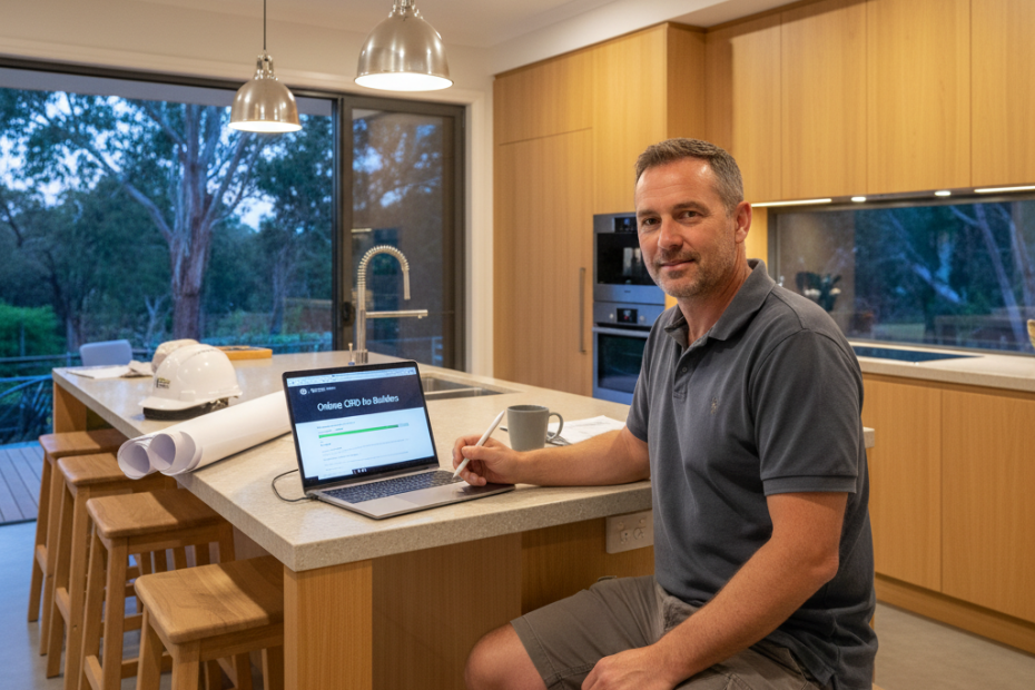 NSW builder completing online CPD course on laptop at home