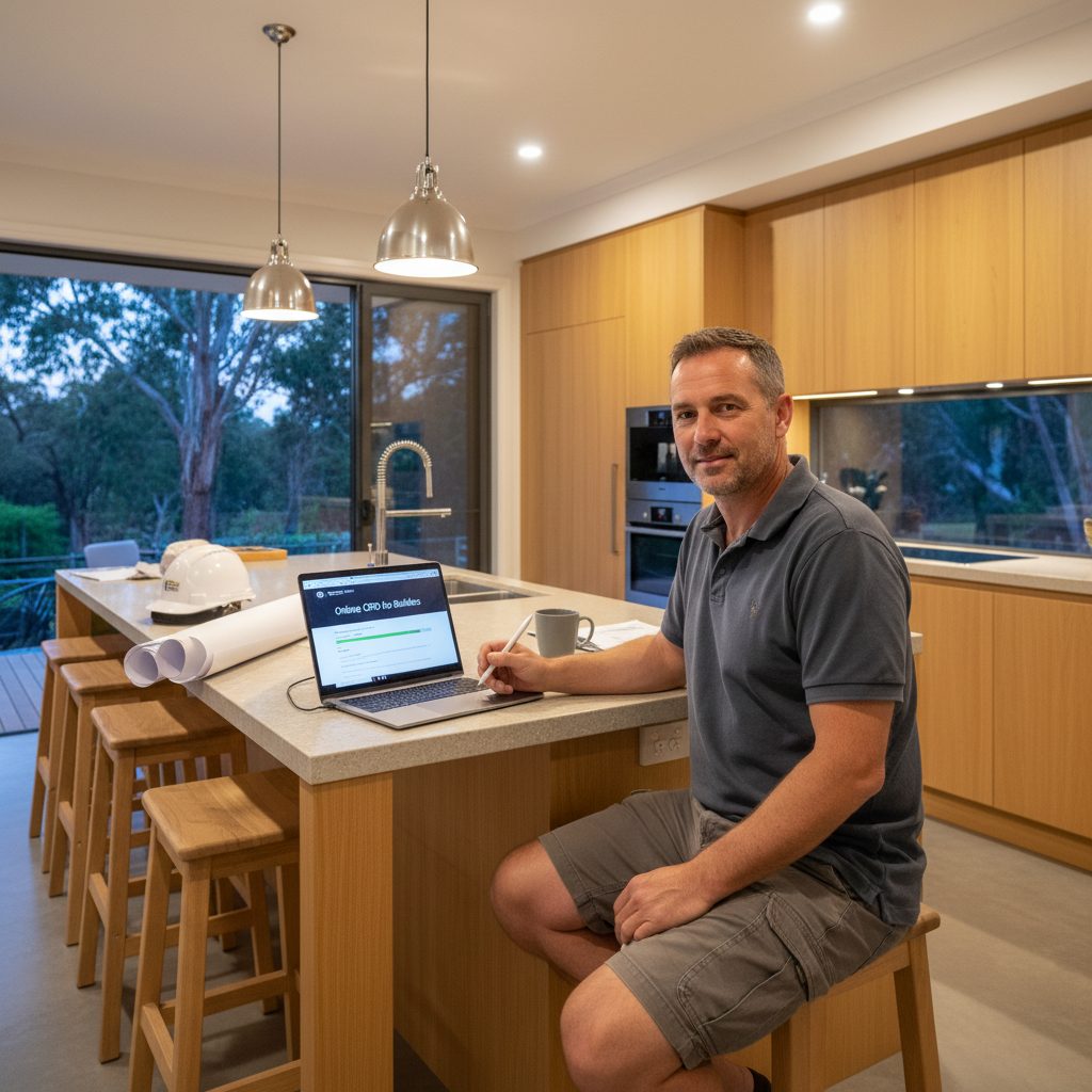 NSW builder completing online CPD course on laptop at home