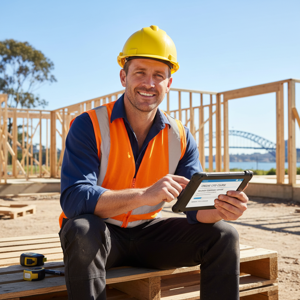 NSW builder completing online CPD course from mobile device at construction site — RTO 91528