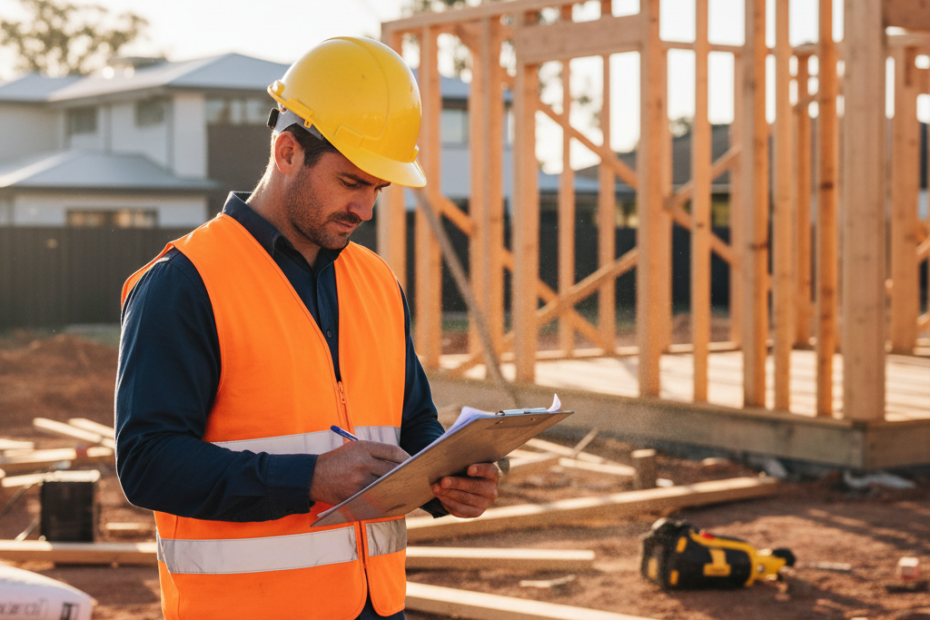 NSW licensed builder reviewing documents at residential construction site in Sydney