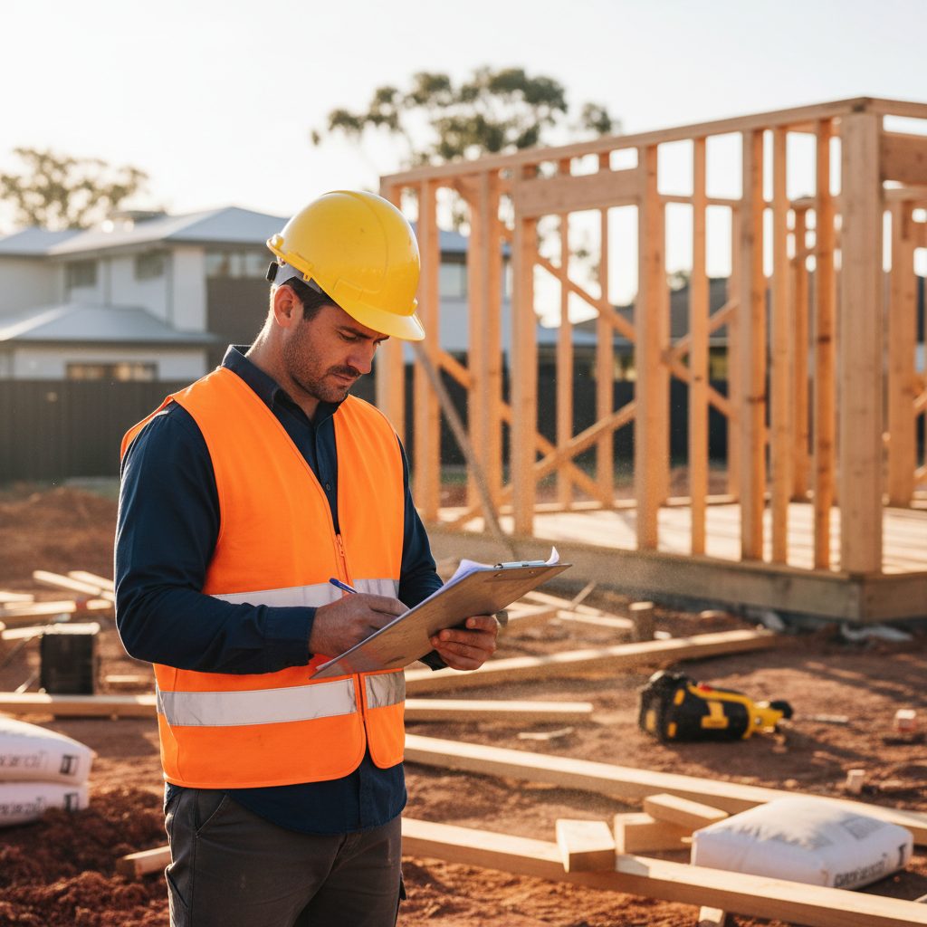NSW licensed builder reviewing documents at residential construction site in Sydney