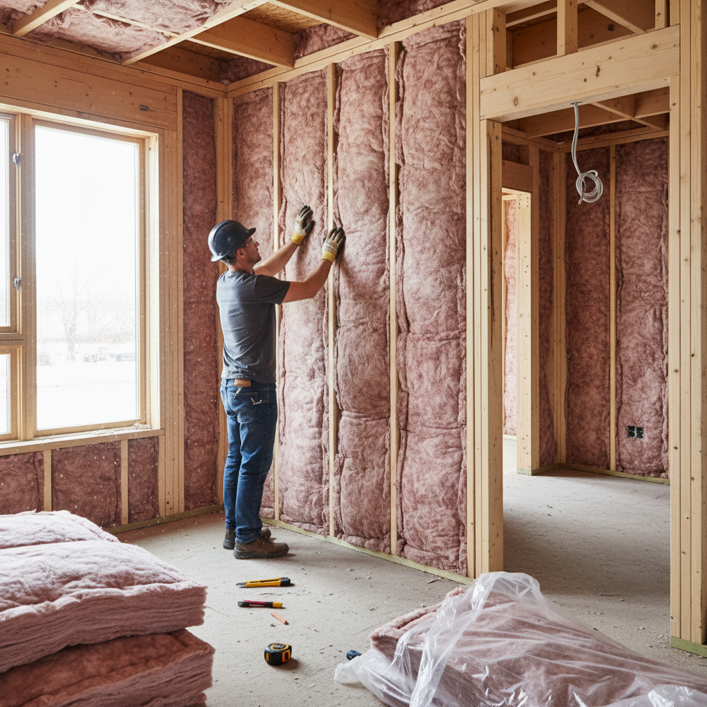Builder installing wall insulation batts in residential home frame NSW