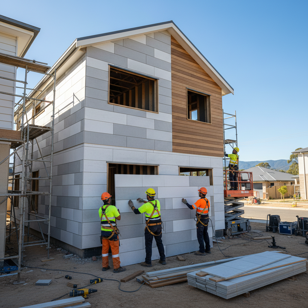 Workers installing external wall cladding on NSW residential building