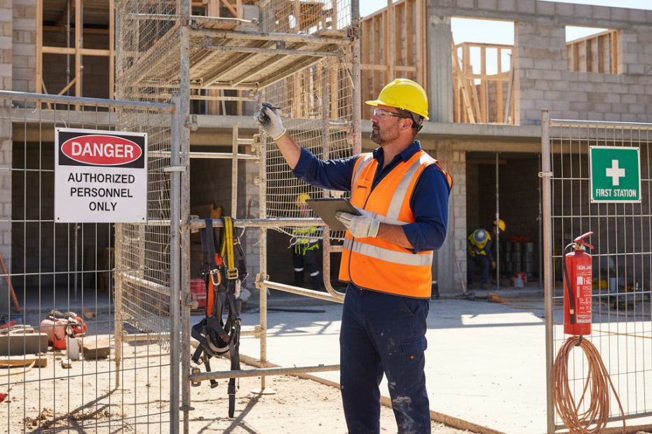NSW construction worker conducting workplace health and safety inspection on building site