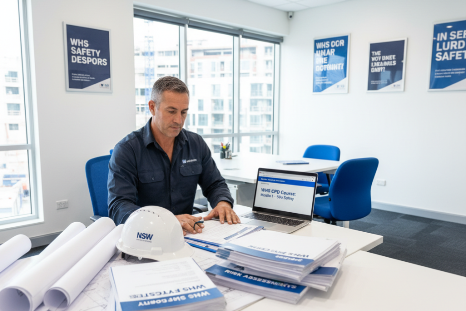 NSW builder reviewing WHS safety documentation for CPD — Work Health and Safety CPD — Builders CPD Online RTO 91528