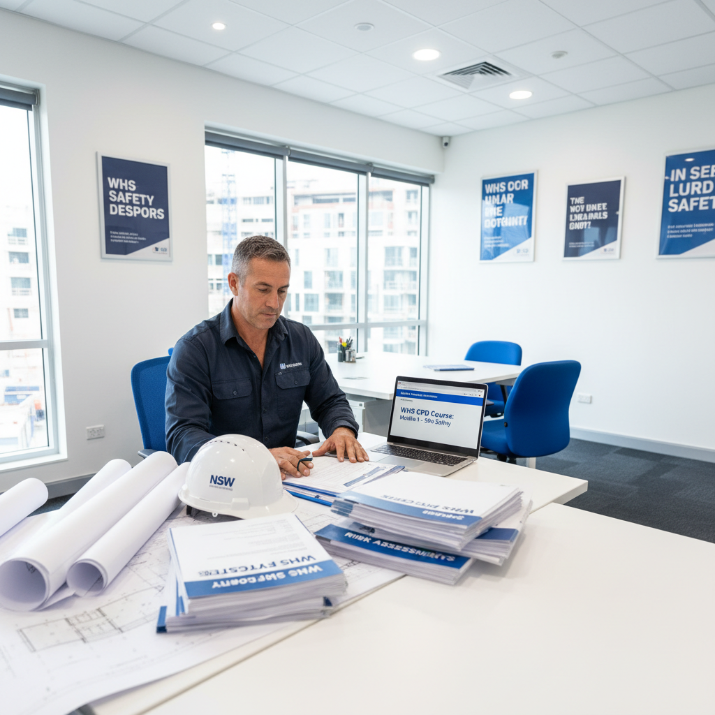 NSW builder reviewing WHS safety documentation — WHS CPD courses — Builders CPD Online RTO 91528