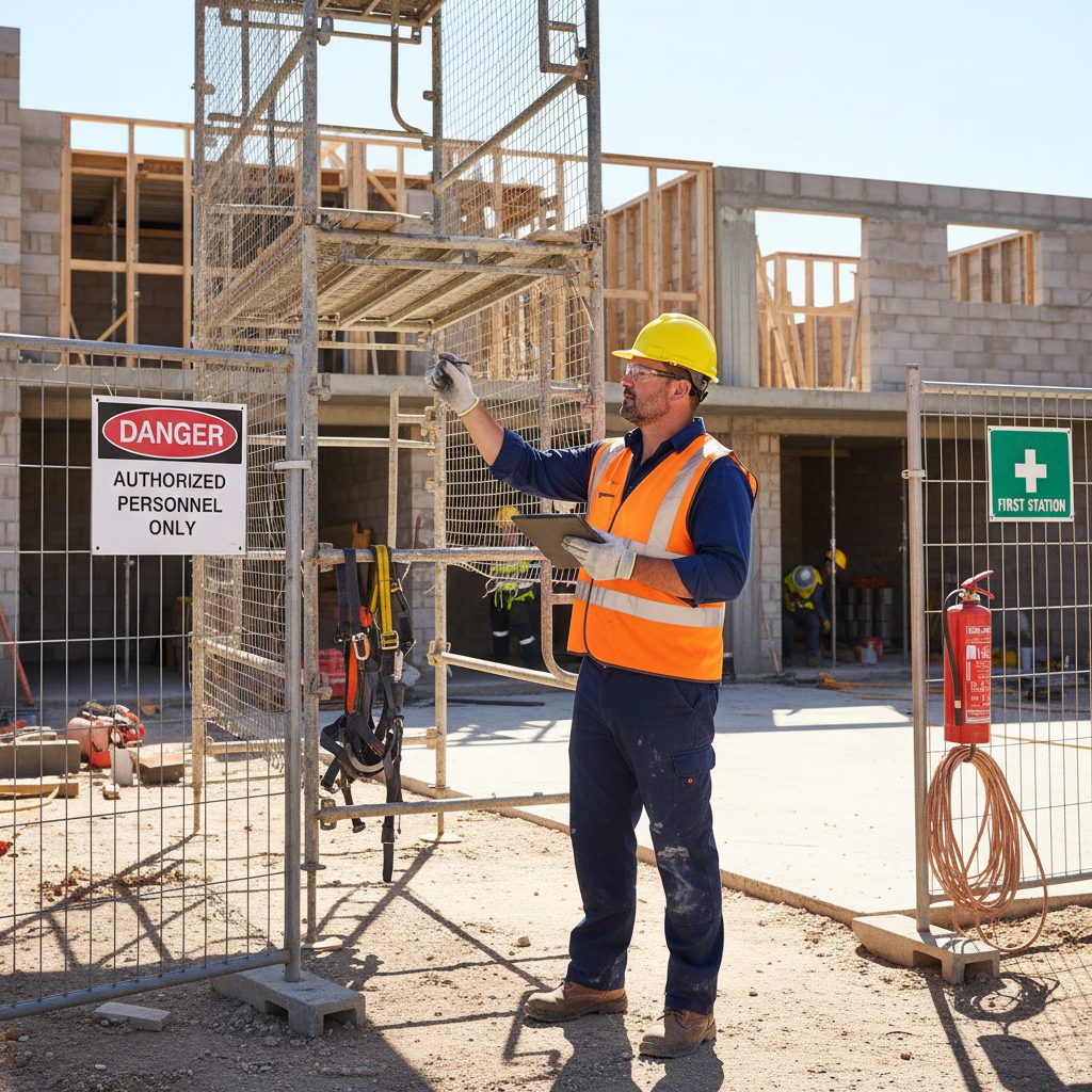NSW construction worker conducting workplace health and safety inspection on building site