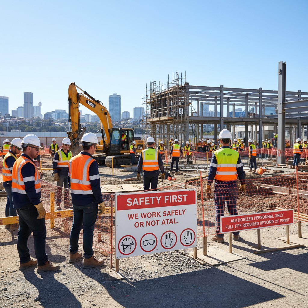 Construction workers wearing full PPE on safe NSW building site