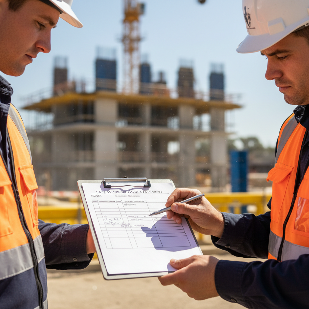 Workers completing Safe Work Method Statement SWMS form on construction site