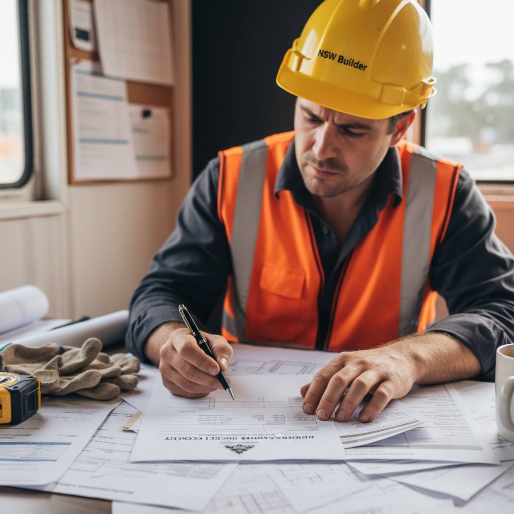 NSW builder reviewing licence renewal checklist document at site office — CPD and renewal requirements
