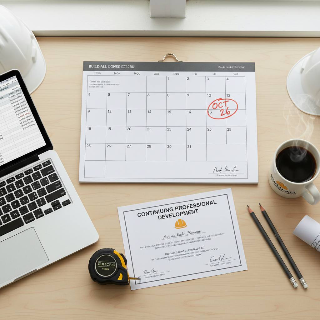 Builder licence renewal deadline date marked on calendar alongside CPD certificate — NSW renewal planning