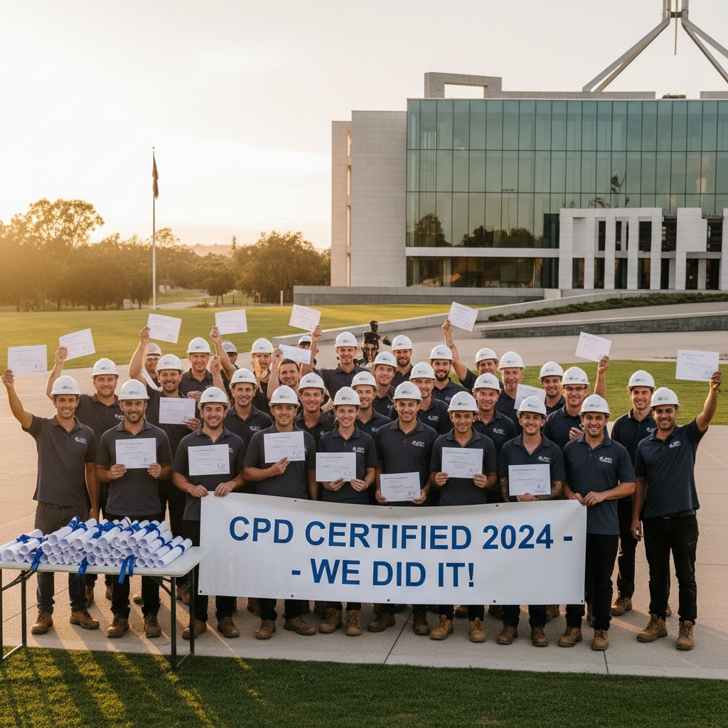 Canberra builders celebrating CPD completion — Builders CPD Online team certificate handover — RTO 91528