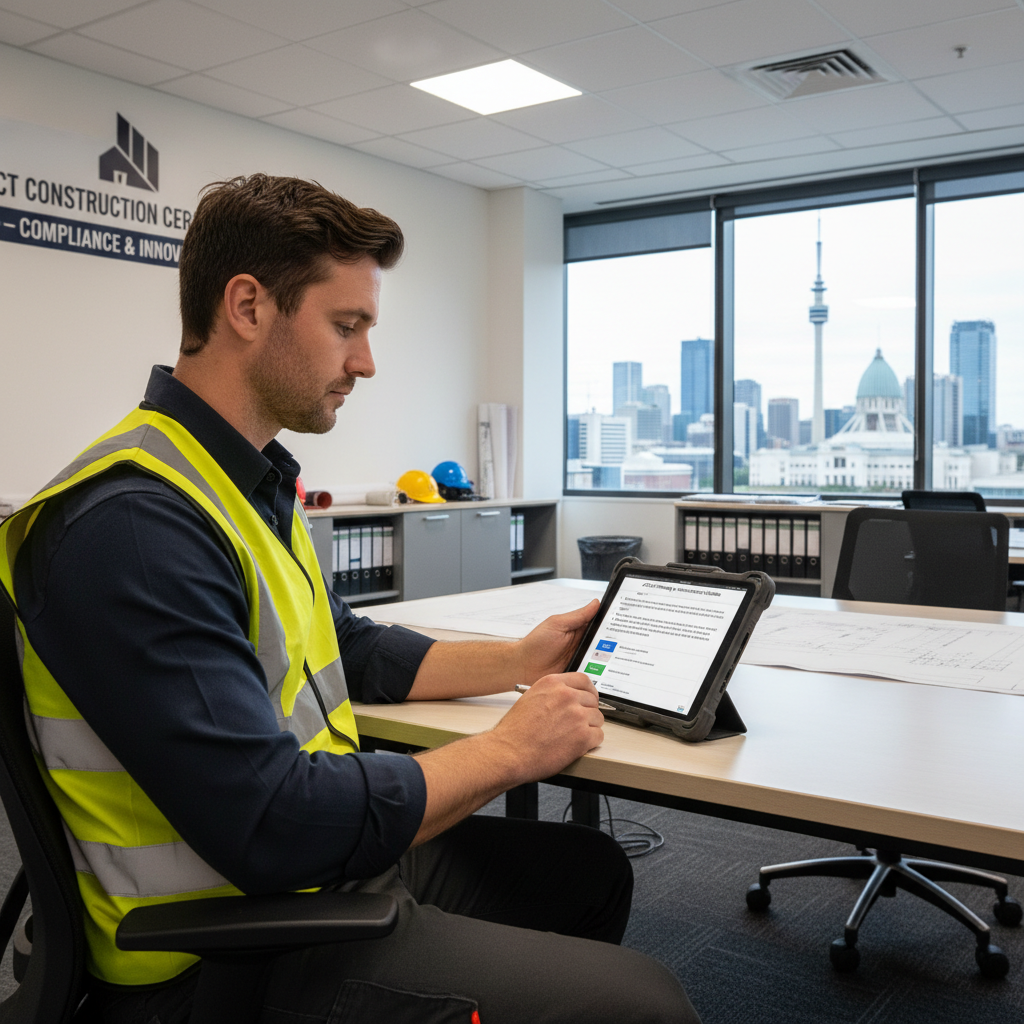 ACT builder reviewing CPD requirements on tablet — NSW Fair Trading — Builders CPD Online RTO 91528