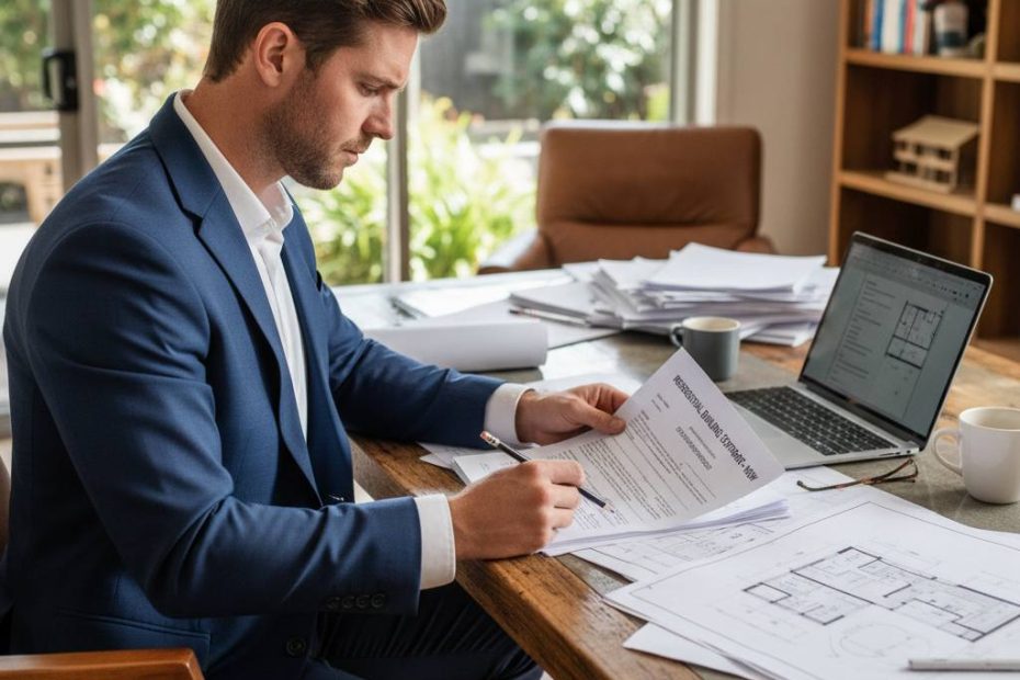 NSW licensed builder reviewing residential building contract at desk — contract administration CPD — Builders CPD Online RTO 91528