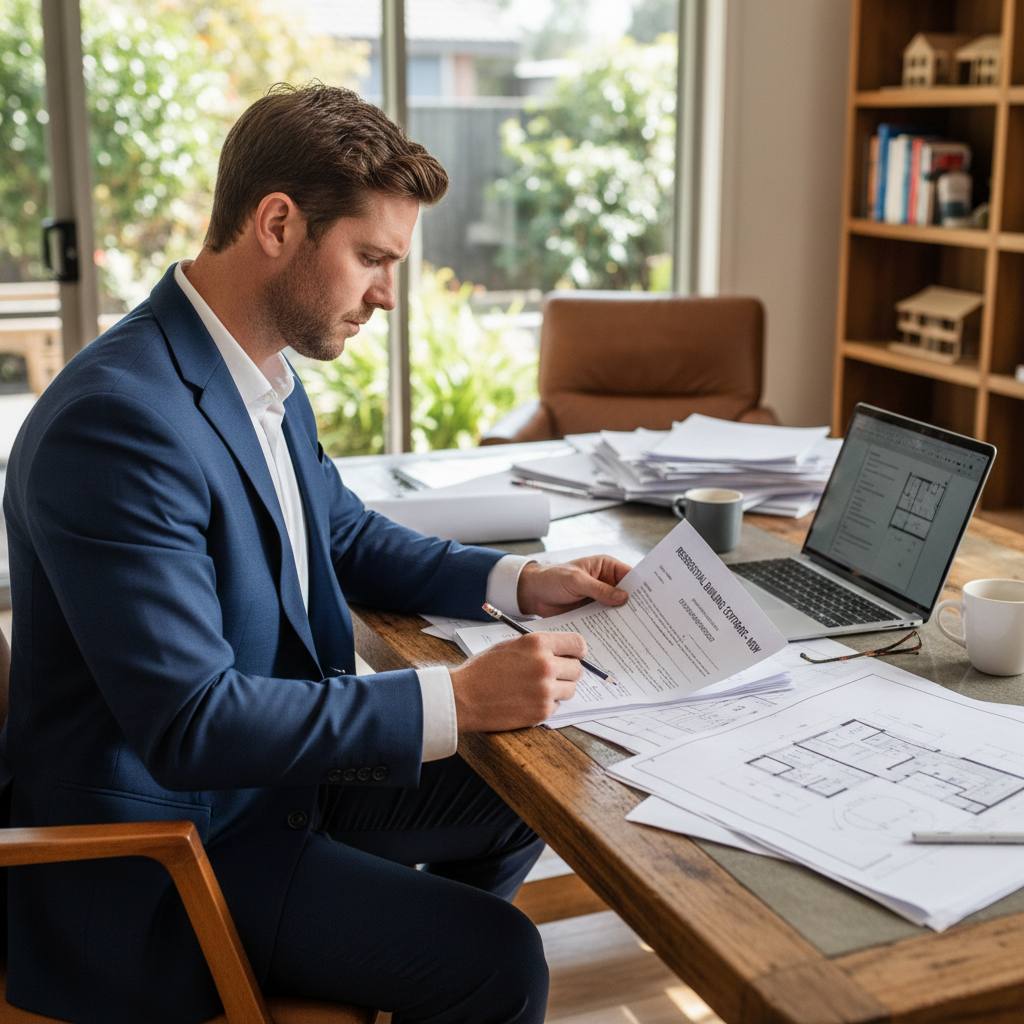 Builder reviewing home building contract at desk with documents