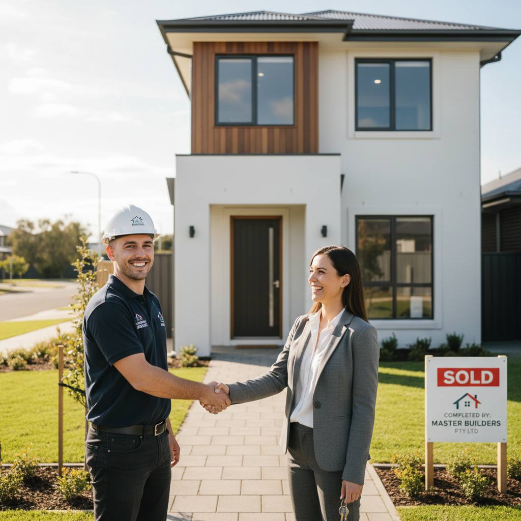 Builder and homeowner signing completion certificate after construction