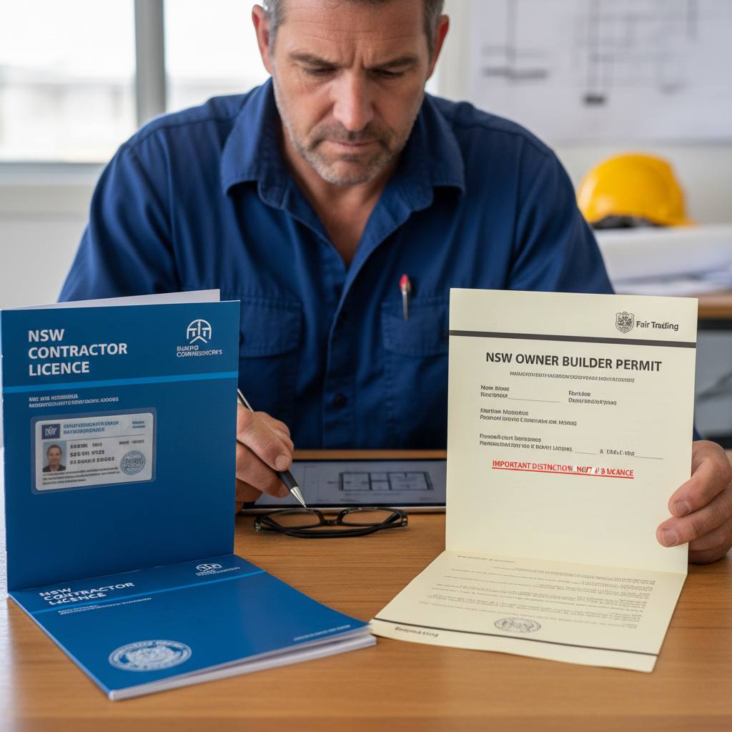 NSW builder comparing contractor licence and owner builder permit — compliance differences — RTO 91528
