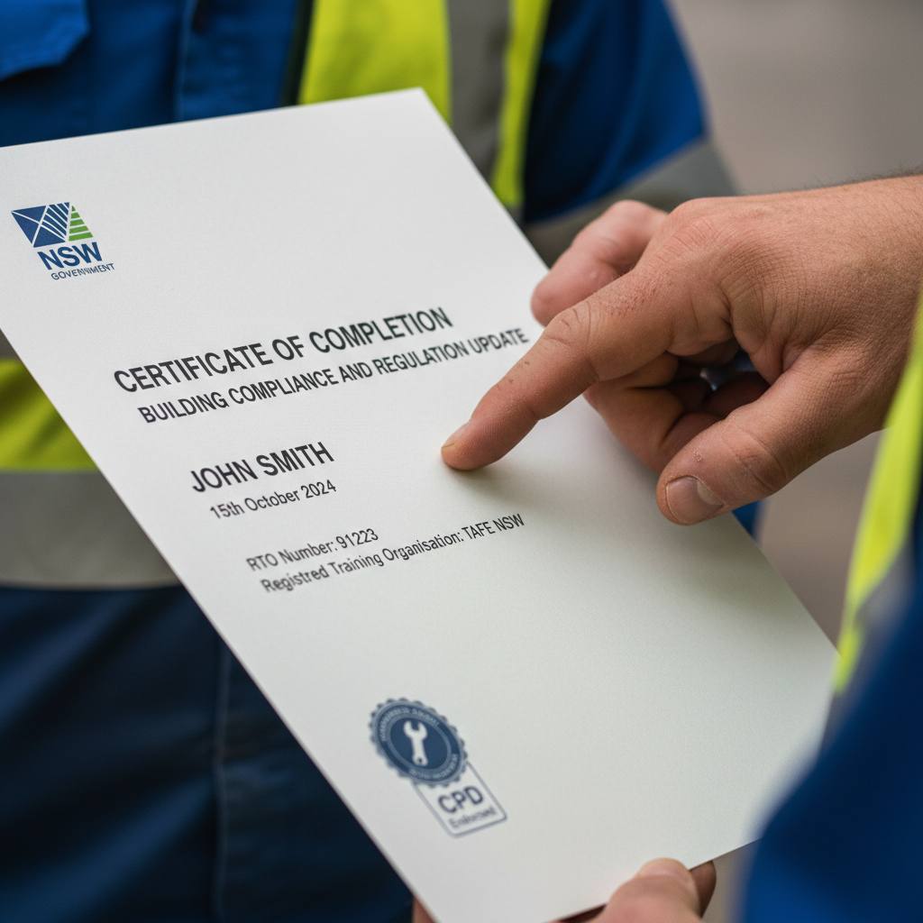 NSW builder verifying CPD certificate has RTO number — Fair Trading compliance — Builders CPD Online RTO 91528