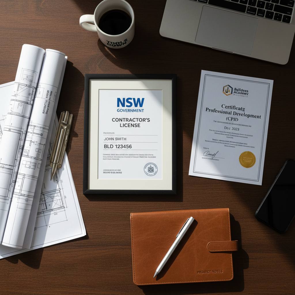 NSW builder desk with contractor licence and CPD certificate — getting CPD right — Builders CPD Online