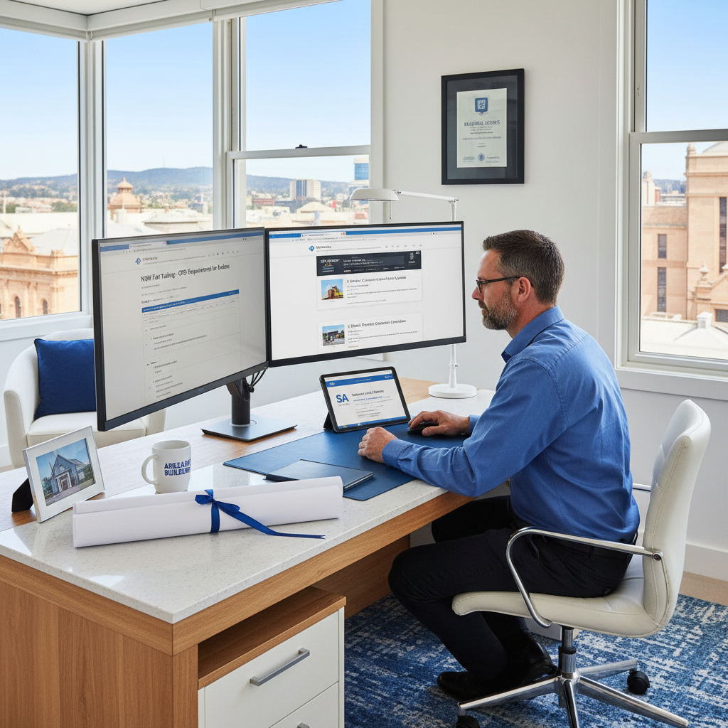 Adelaide South Australian builder reviewing NSW CPD online — Professional home office — Builders CPD Online RTO 91528