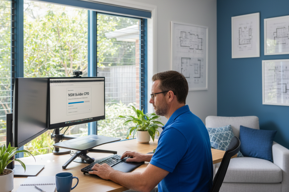 NSW builder at Brisbane home office completing CPD online — Builders CPD Online RTO 91528