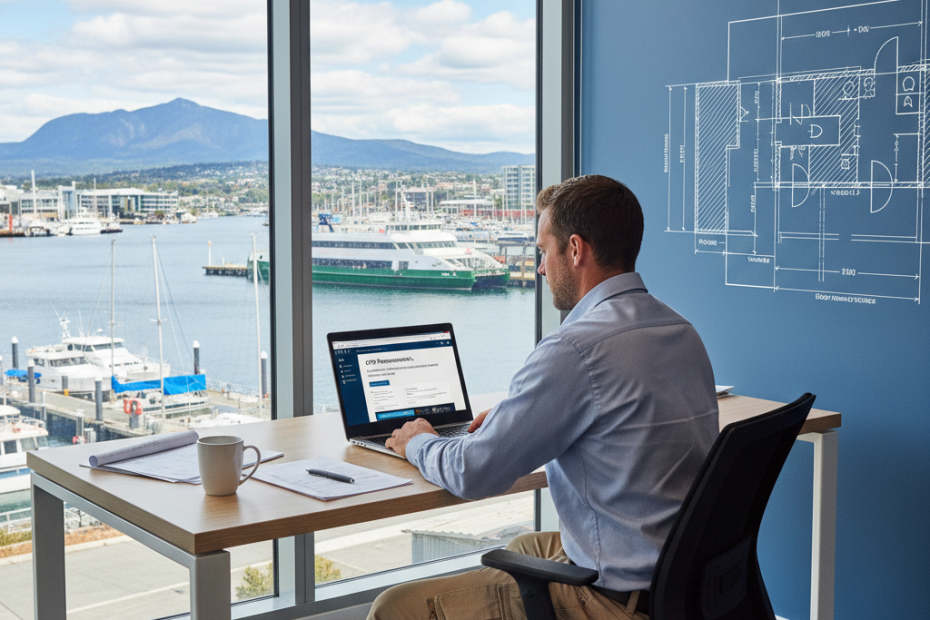Hobart Tasmania builder at desk reviewing CPD online — NSW contractor licence requirement — Builders CPD Online RTO 91528