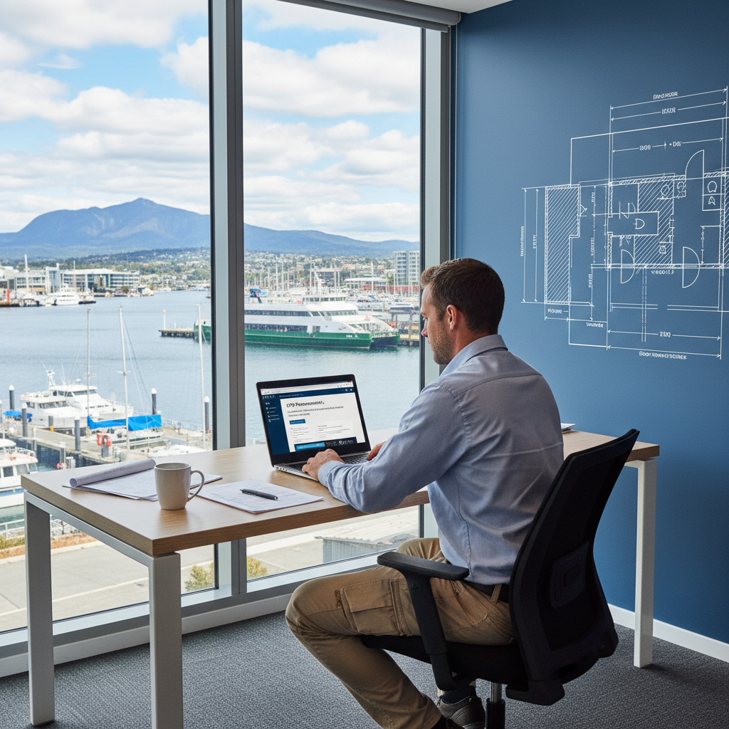 Hobart Tasmania builder at desk reviewing CPD online — NSW contractor licence requirement — Builders CPD Online RTO 91528