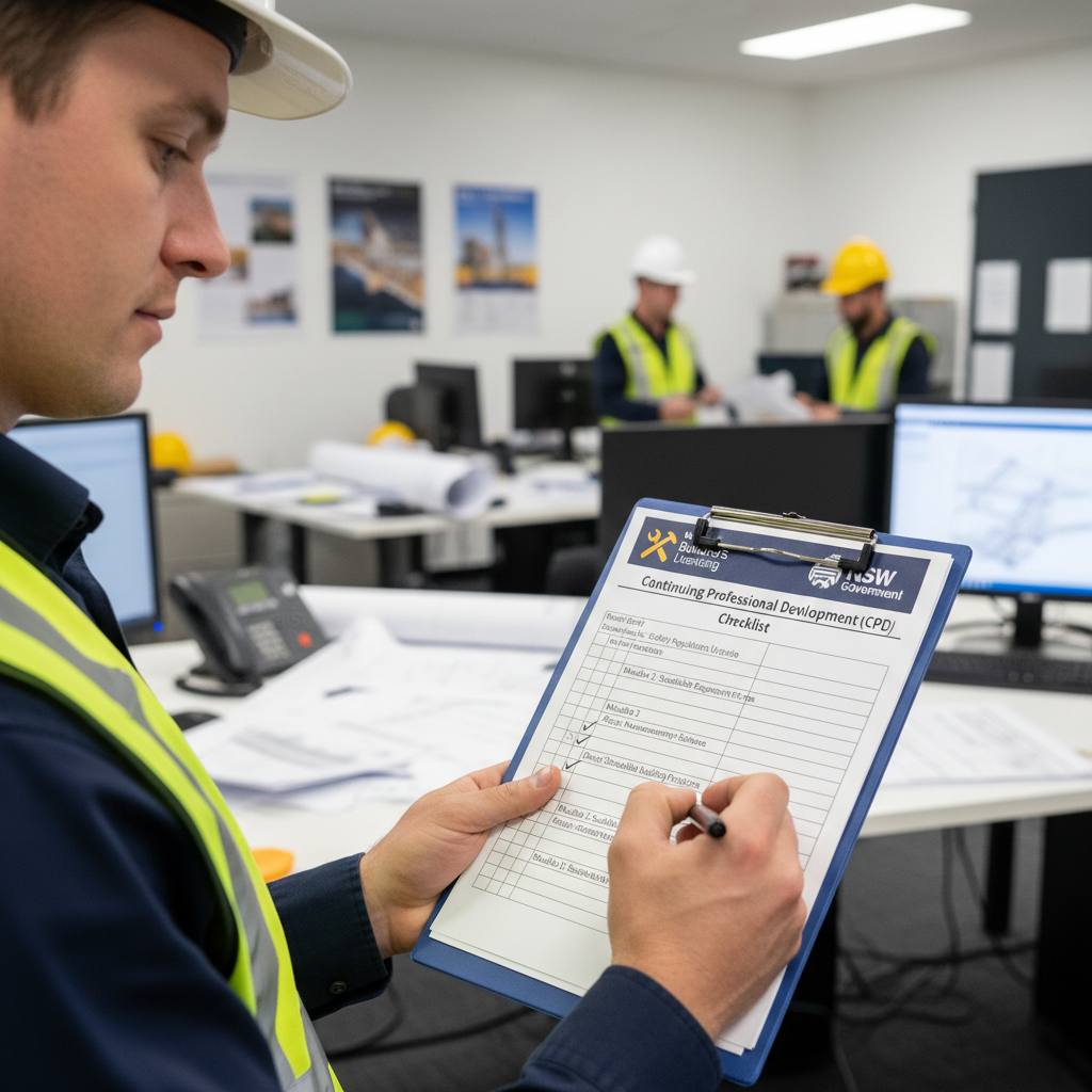 NSW builder ticking CPD renewal checklist on clipboard — licence renewal preparation — Builders CPD Online RTO 91528