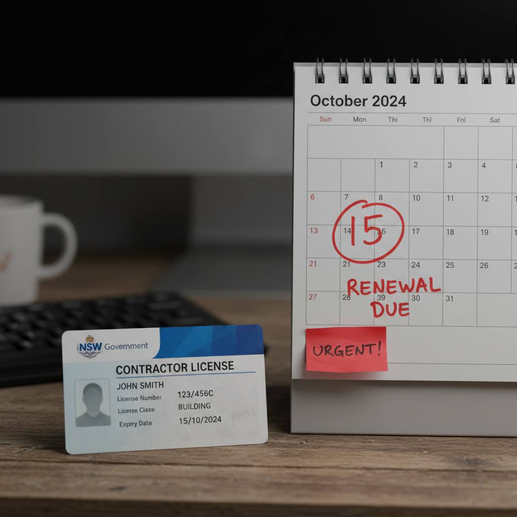 NSW contractor licence with renewal date circled — CPD deadline checklist — Builders CPD Online