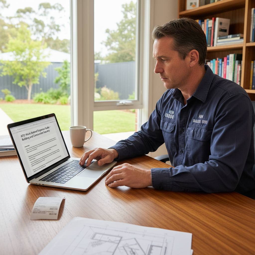 NSW builder reviewing ATO self-education expenses guide on laptop — CPD tax claim — RTO 91528