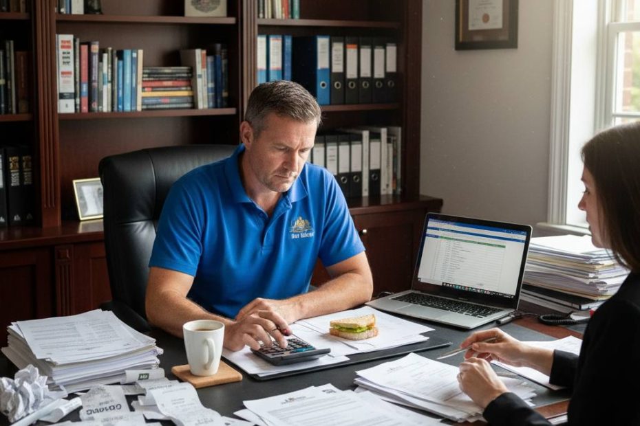 NSW builder at desk with CPD receipts and tax documents — self-education deduction — Builders CPD Online RTO 91528